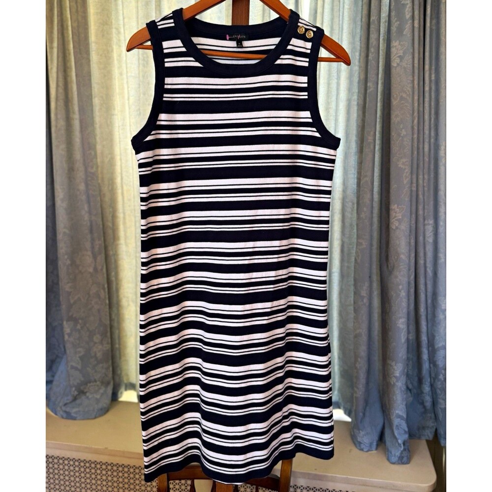 Talbots Women's M Navy/White Striped Shift Dress Round Neck Knee Button